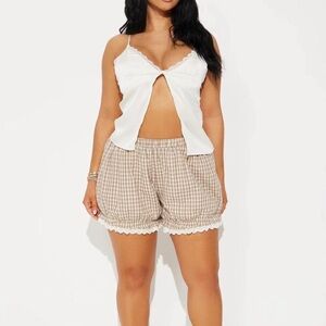 White Lace Trim Cami & Beige Gingham Lounge Shorts